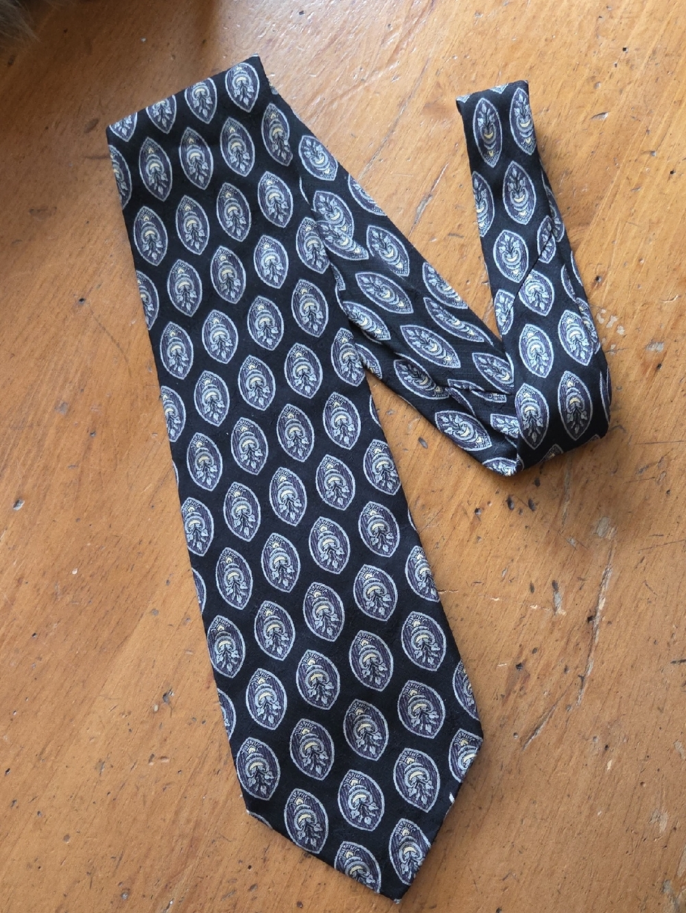 Dior 100% Silk Black Tie with Silver & Gold Medallion Motif